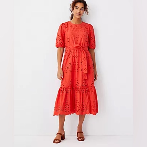Ann Taylor Dresses & Skirts - ANN TAYLOR $189 Eyelet Midi Flare Dress In Red Ripe Persimmon Size 4P